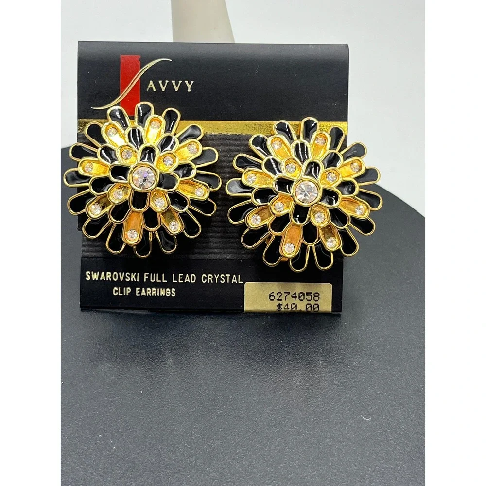 Vintage Swarovski Black Enamel and Gold Starburst Full Lead Clip On Earrings NOS